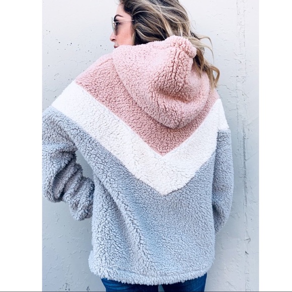 #16 Cozy Vegan Fur Color Block Hoodie Sweater Top - Picture 2 of 4